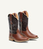 Custom brown cowboy boot with embossed black floral leather upper - side view