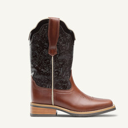 Custom brown cowboy boot with embossed black floral leather upper - side view