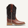 Custom brown cowboy boot with embossed black floral leather upper - side view
