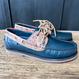 DECK SHOES <br/> PETROL BLUE AND FLOWER POWER LACE AREA