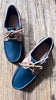 DECK SHOES <br/> PETROL BLUE AND FLOWER POWER LACE AREA